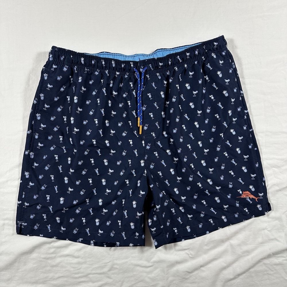 Tommy Bahama Swimming Trunks Sz Large Drawstring‎ Mesh Lined Blue-Drinks Pattern